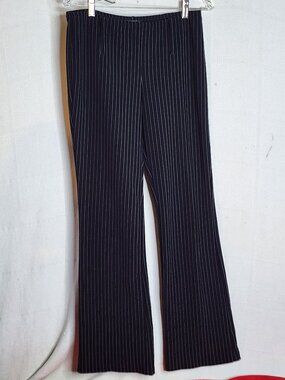 Zoey Beth Black Pinstripe Poly Span Flat Front Wide Leg Pull On Pants Size M 12